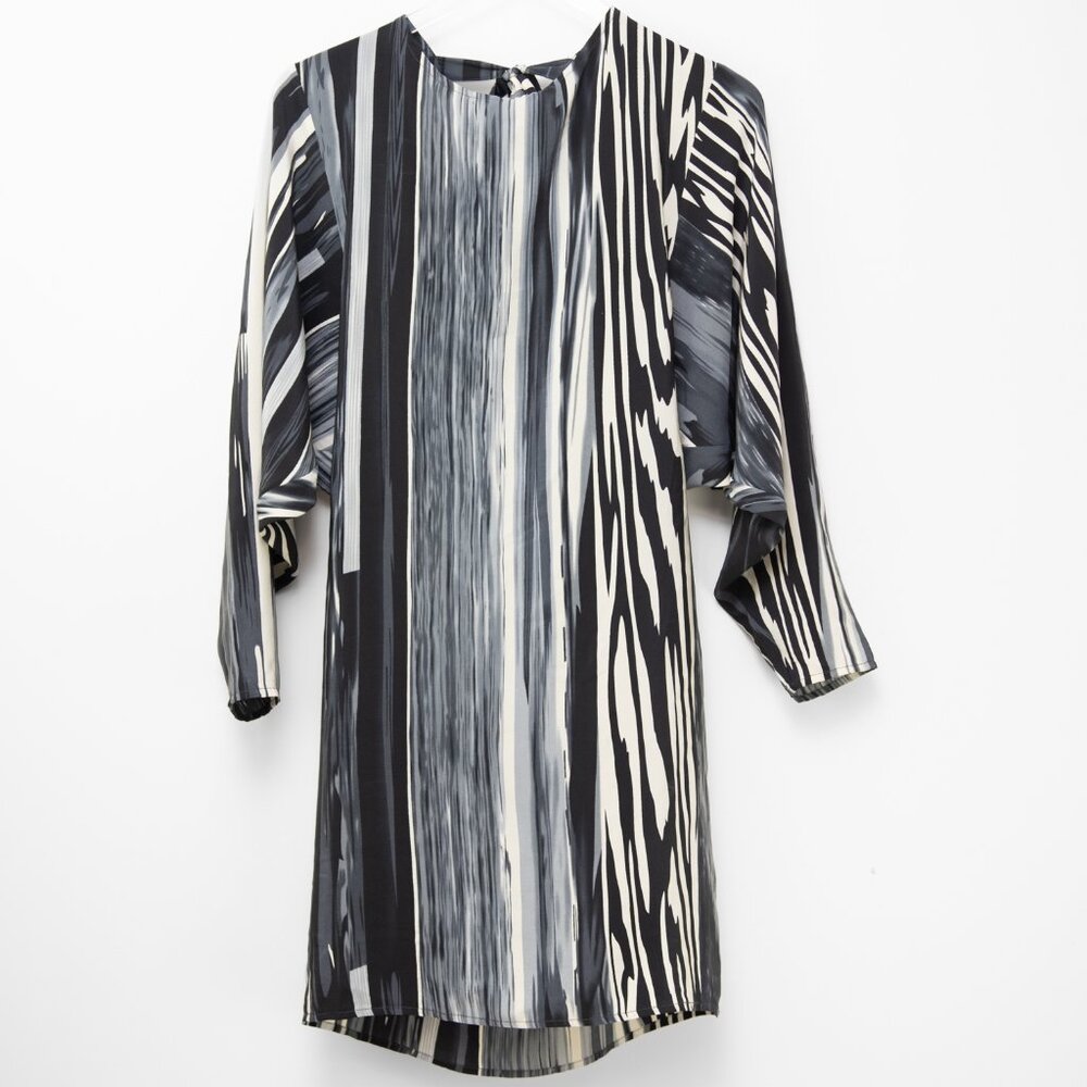 Stine Goya Hills Printed 100% Silk Dress Stripe Black Grey Cream Size Medium